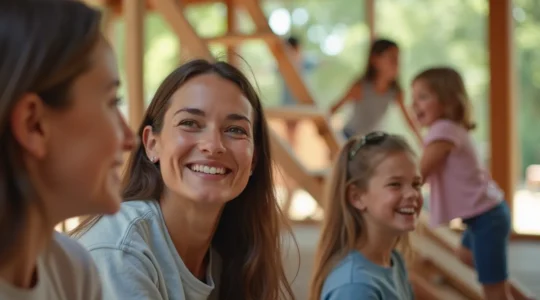Illustration d'un anniversaire d'enfant dans un lieu original avec des enfants heureux qui jouent et un parent disponible et détends observant avec un sourire
