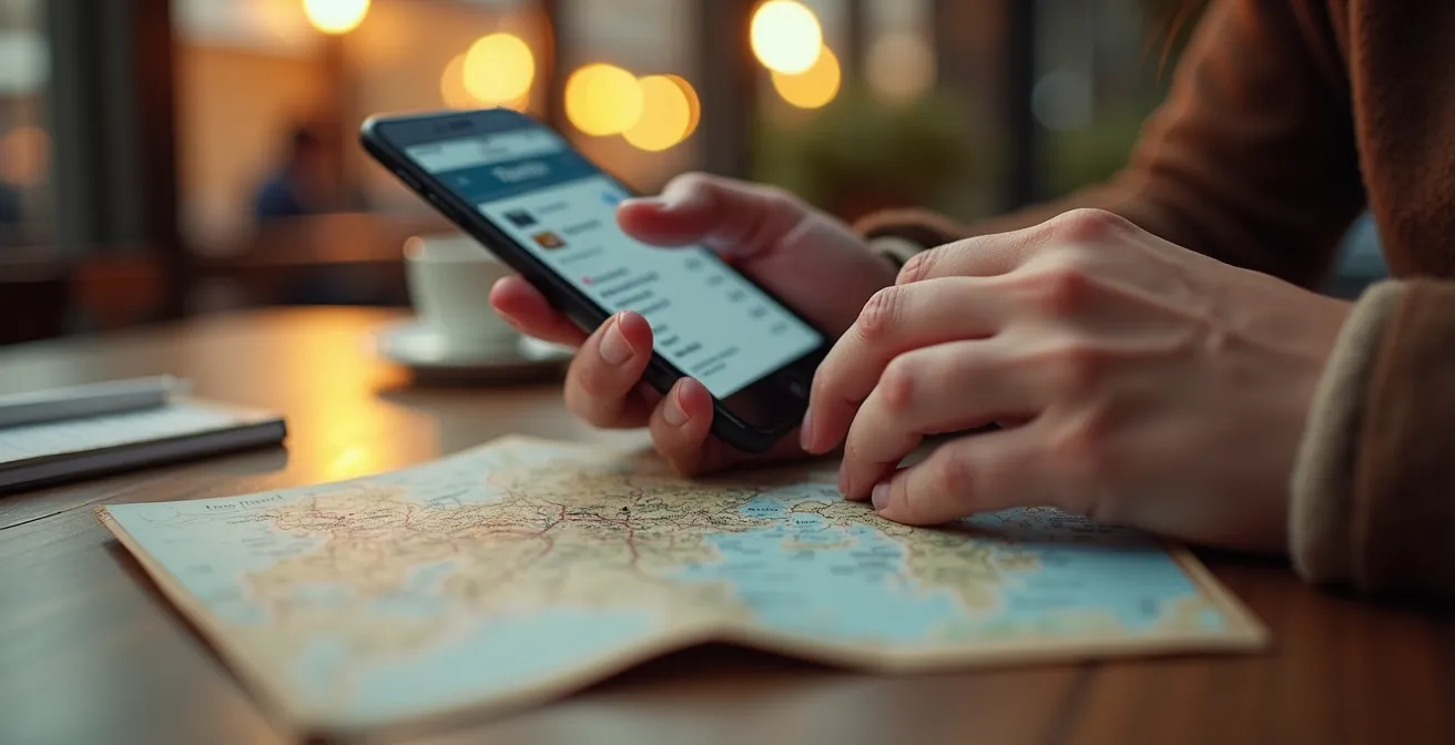 Gros plan détaillé sur des mains tenant un téléphone affichant une réservation en ligne, avec des tickets et cartes de Paris en arrière-plan