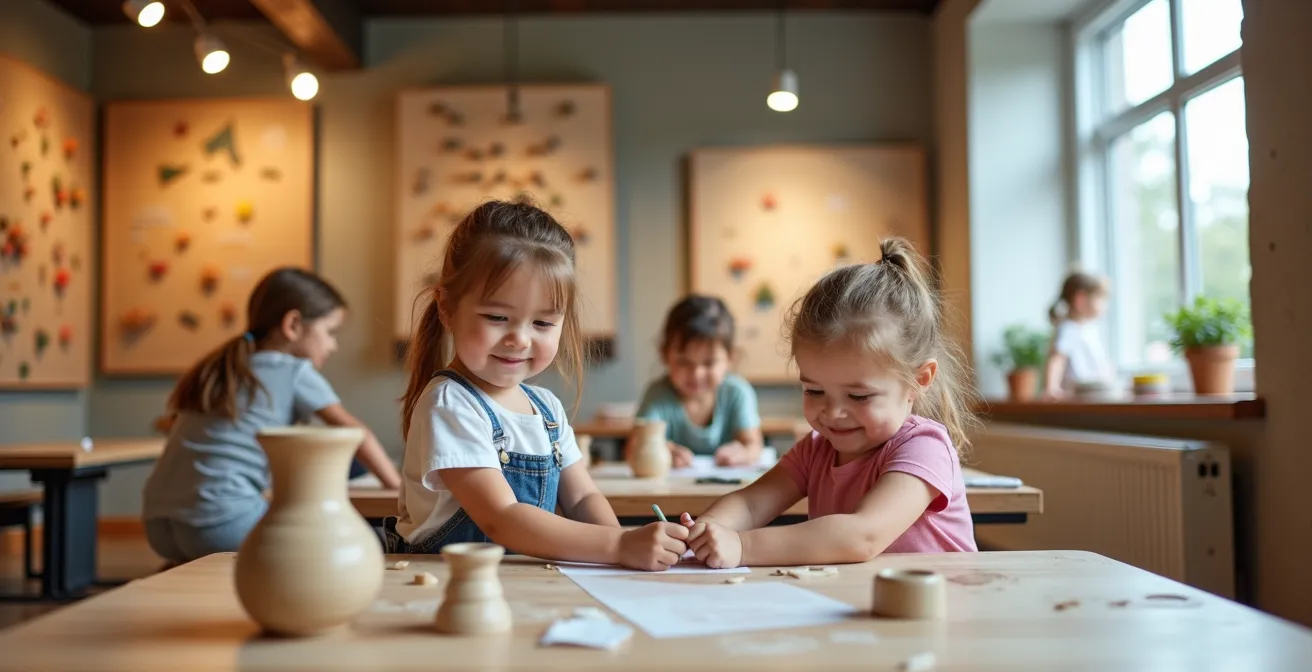 Composition photographique montrant différents enfants dans leurs environnements d'activité respectifs : un en atelier créatif, un grimpant, un explorant un musée, tous souriants et absorbés
