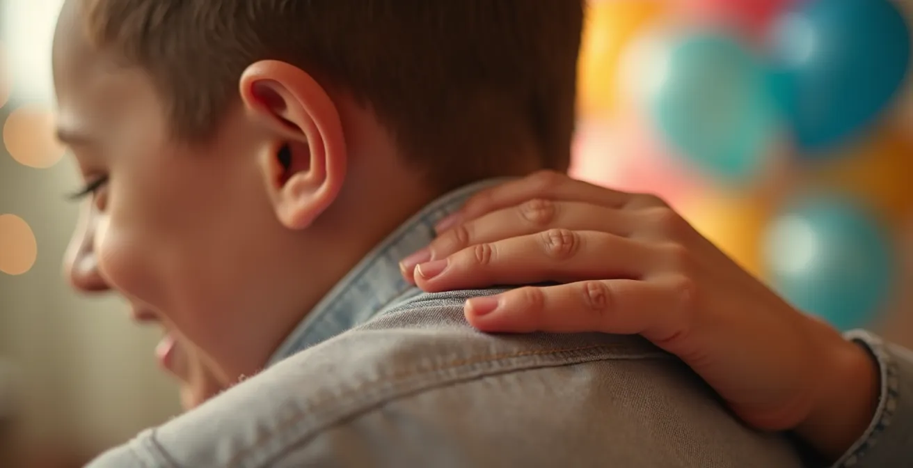 Détail en macro d'une main de parent tendrement posée sur l'épaule d'un enfant souriant lors d'une fête, montrant l'intimité et la connexion émotionnelle