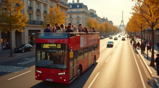 Vue panoramique d'un bus à étage découvert parcourant Paris avec la Tour Eiffel et les monuments emblématiques visibles en arrière-plan