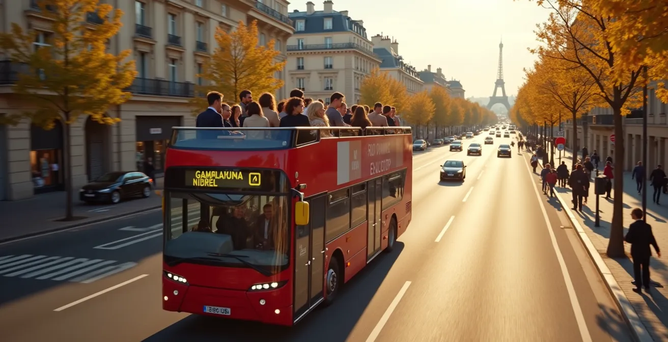 Vue panoramique d'un bus à étage découvert parcourant Paris avec la Tour Eiffel et les monuments emblématiques visibles en arrière-plan