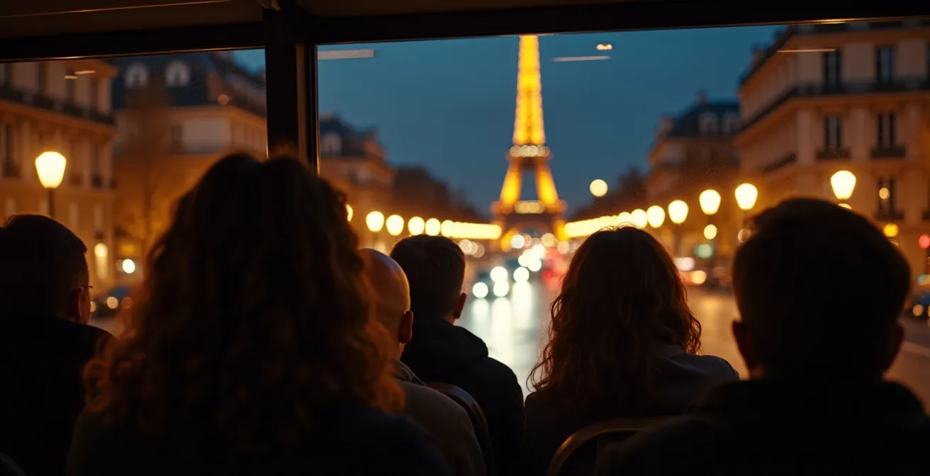 Monuments emblématiques de Paris illuminés la nuit depuis un bus touristique, avec la Tour Eiffel scintillante et l'Opéra Garnier éclairée