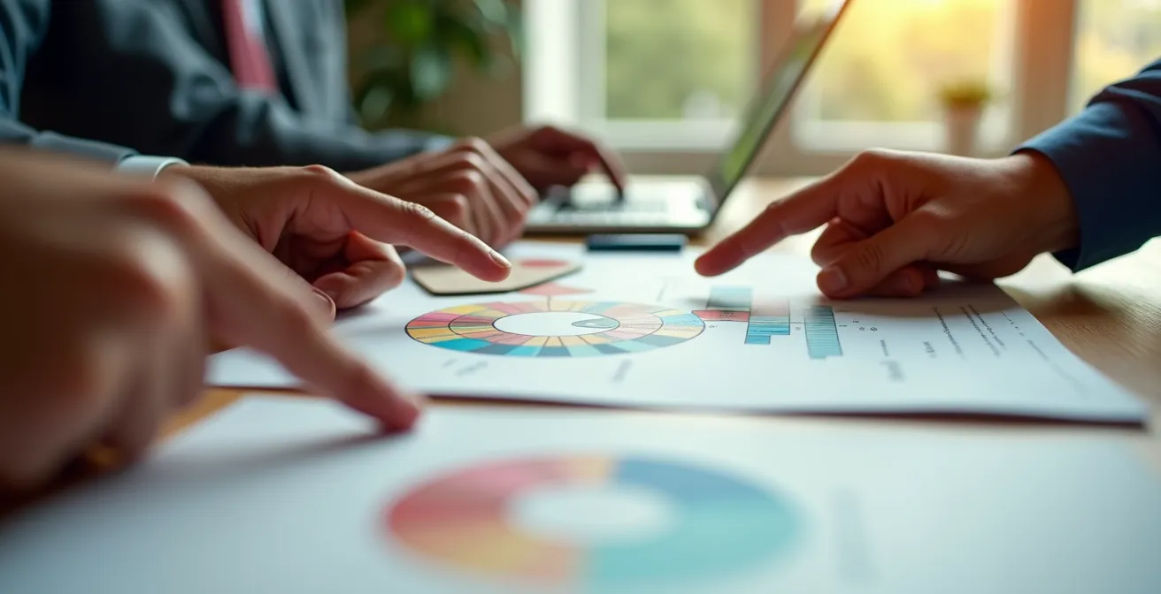 Vue macro sur des mains analysant des graphiques colorés de profils d'équipe