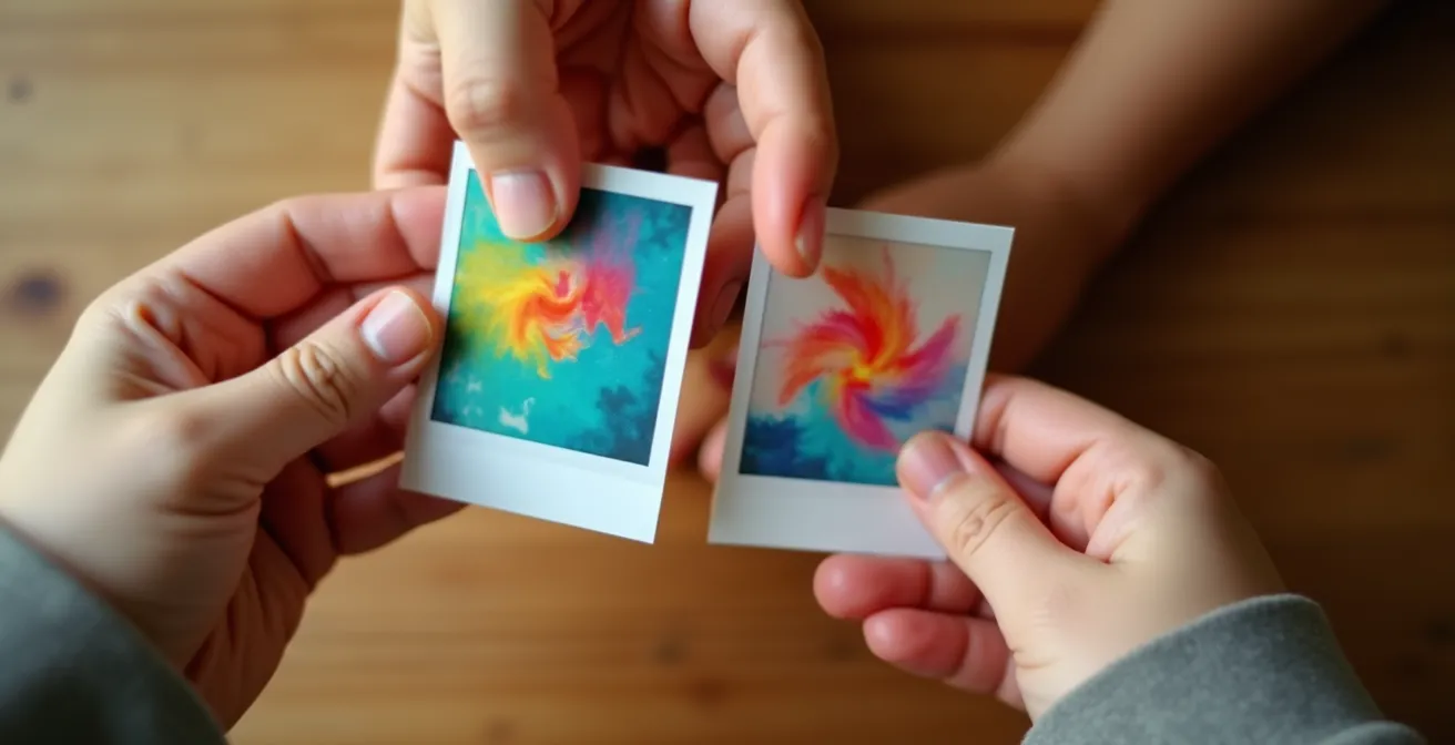 Gros plan sur des mains d'enfants tenant des photos instantanées colorées