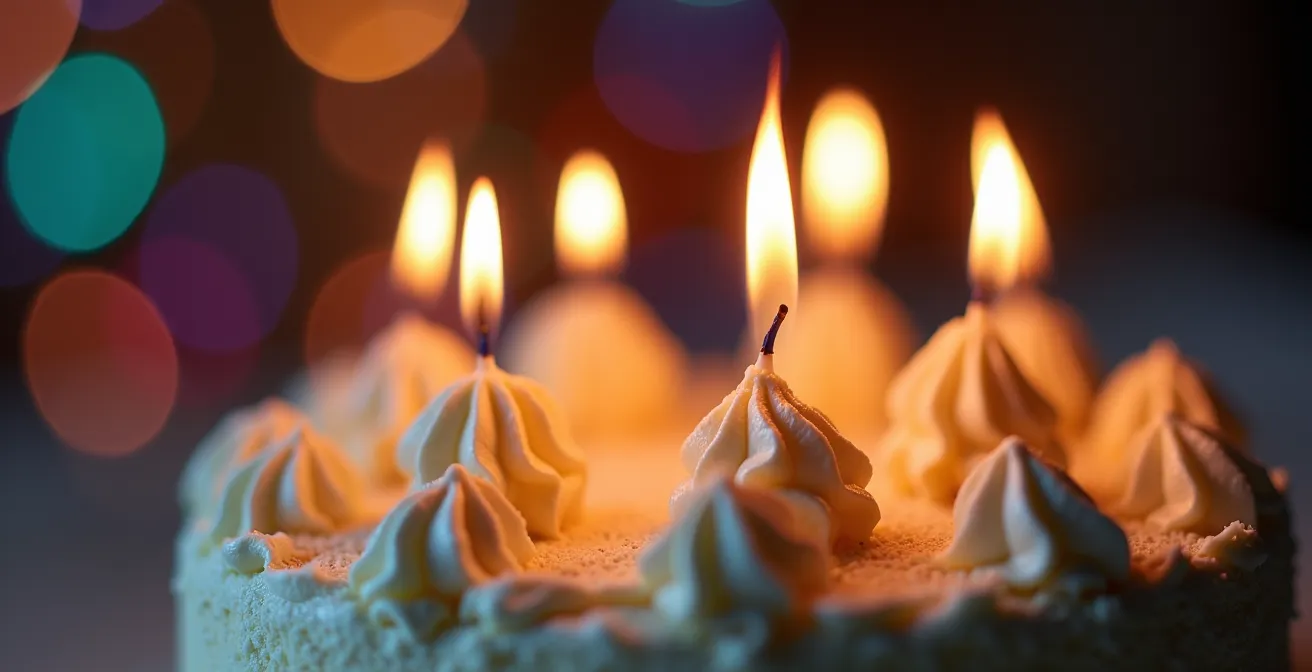 Gros plan sur un gâteau d'anniversaire coloré avec bougies allumées