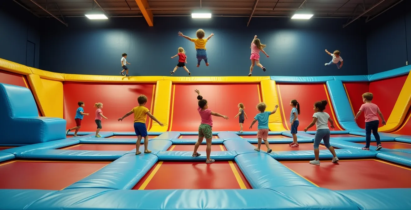 Enfants d'âges variés jouant dans différentes zones d'un parc de trampolines