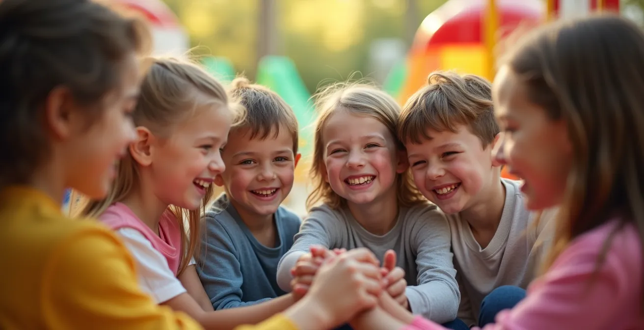 Groupe d'enfants en cercle partageant un moment de complicité et de rire dans un environnement ludique