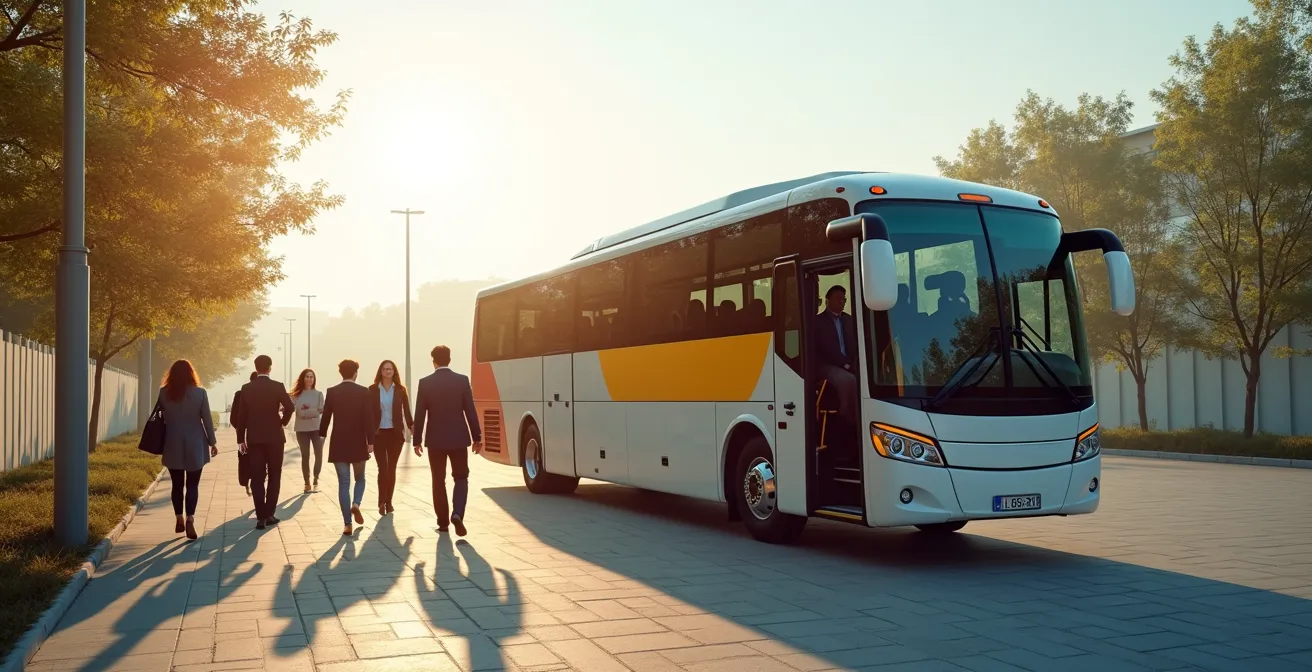 Vue environnementale d'un groupe de professionnels montant dans un bus moderne