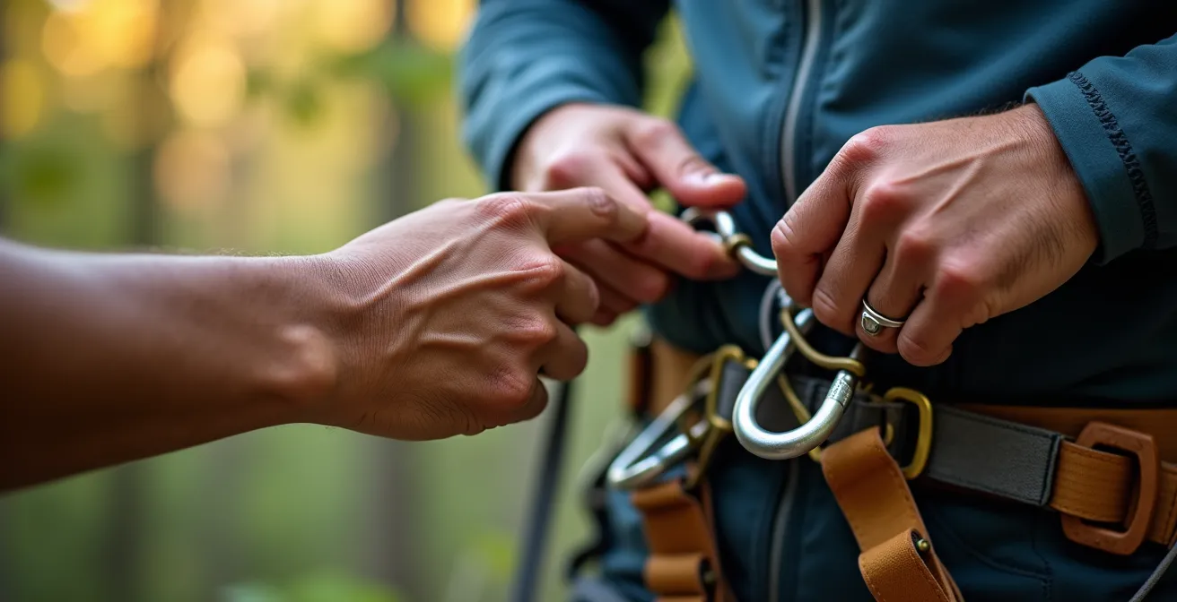 Gros plan sur des mains professionnelles vérifiant ensemble un équipement de sécurité