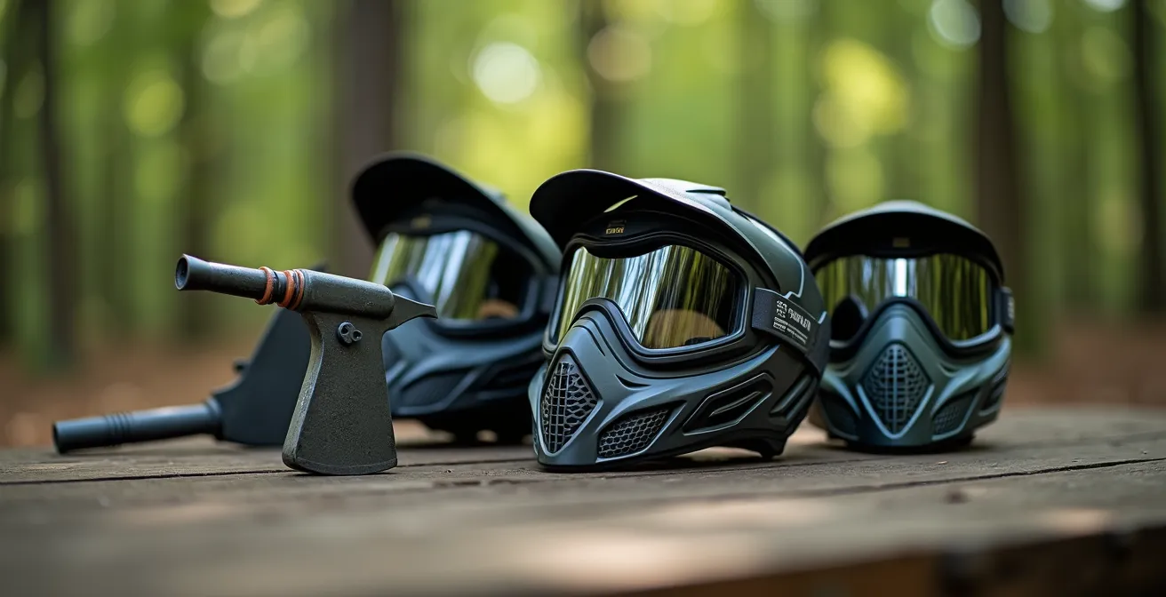 Équipement professionnel de paintball disposé pour un groupe