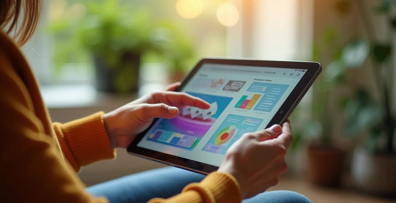 Parent concentré examinant attentivement des options sur une tablette dans un environnement lumineux