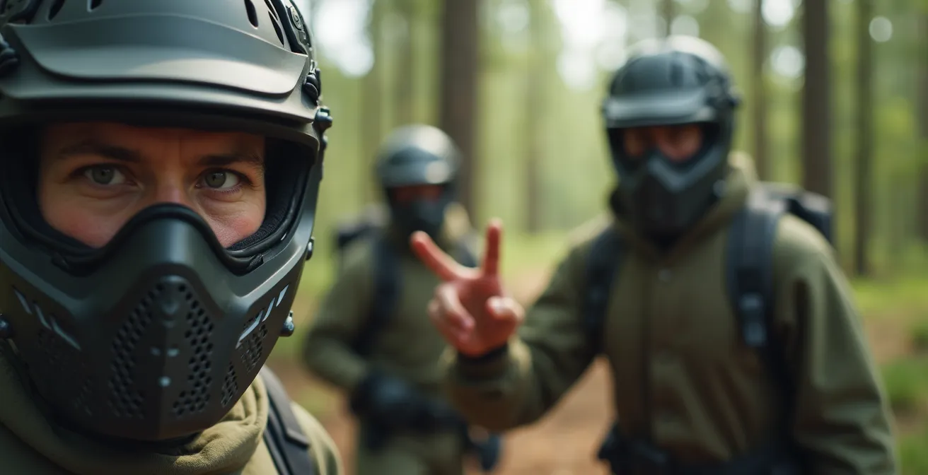 Groupe en session stratégique de paintball avec équipement complet