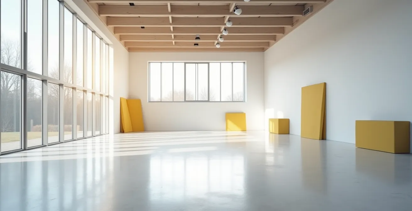 Vue architecturale moderne d'un espace de loisirs indoor avec lumière naturelle