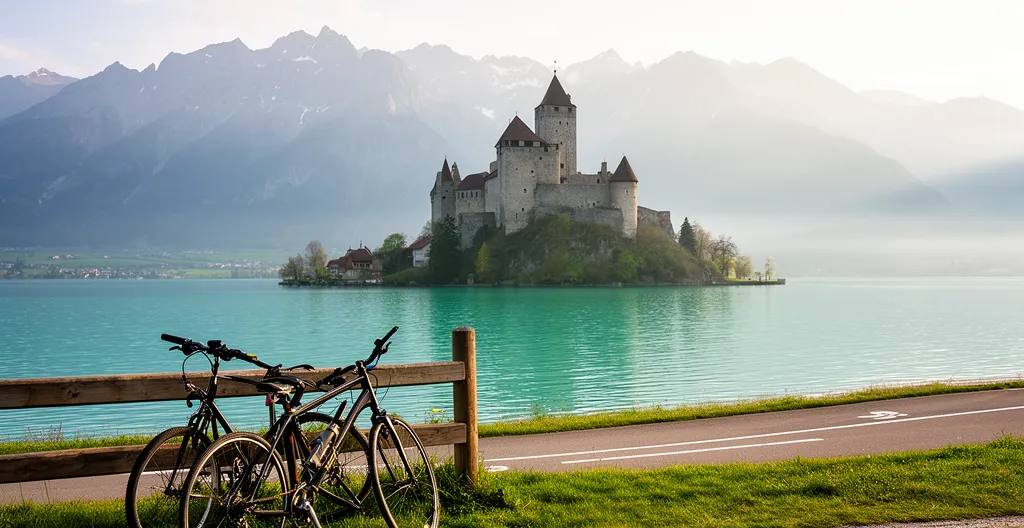 Vue panoramique du château de Duingt depuis la voie verte du lac d'Annecy