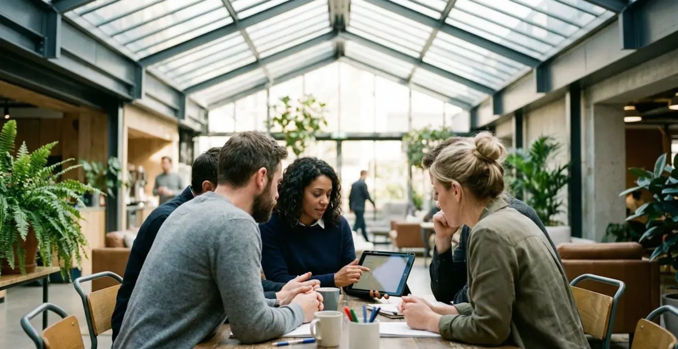 Groupe de collègues souriants consultant ensemble une tablette dans un espace de pause lumineux avec verrière