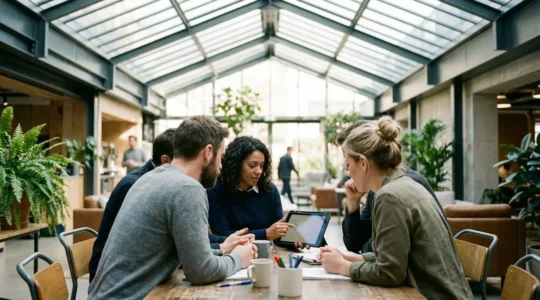 Groupe de collègues souriants consultant ensemble une tablette dans un espace de pause lumineux avec verrière