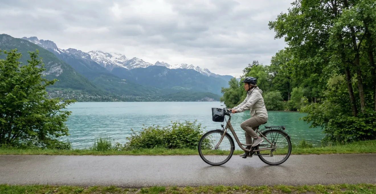 Cycliste sur la voie verte du tour du lac d'Annecy avec vue sur les montagnes