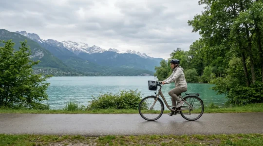 Cycliste sur la voie verte du tour du lac d'Annecy avec vue sur les montagnes