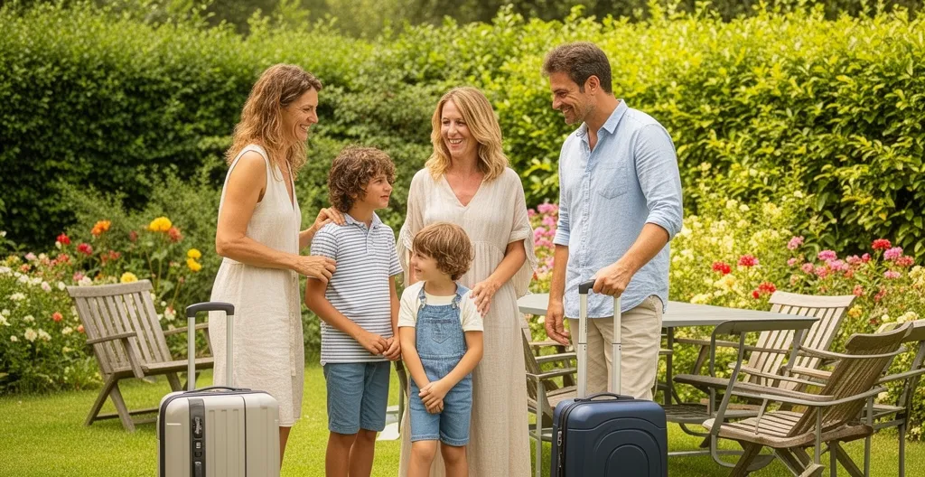 Famille découvrant leur hébergement de vacances en village vacances estival
