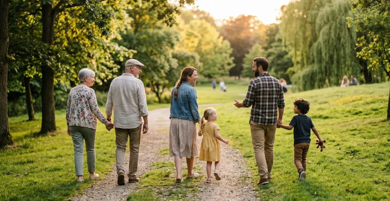 Famille multigénérationnelle souriante de profil dans un parc de loisirs verdoyant, ambiance joyeuse et lumière dorée