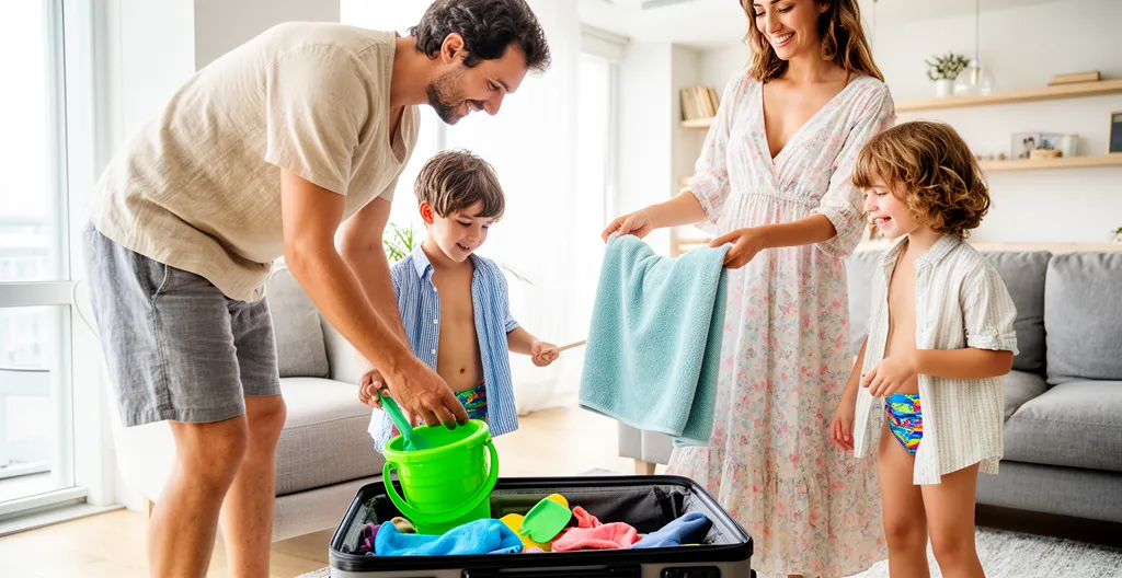 Famille préparant ses valises de vacances dans un salon lumineux, ambiance détendue