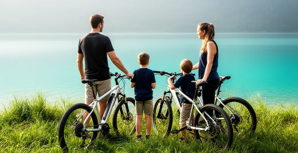 Famille française faisant une pause à vélo électrique au bord du lac d'Annecy