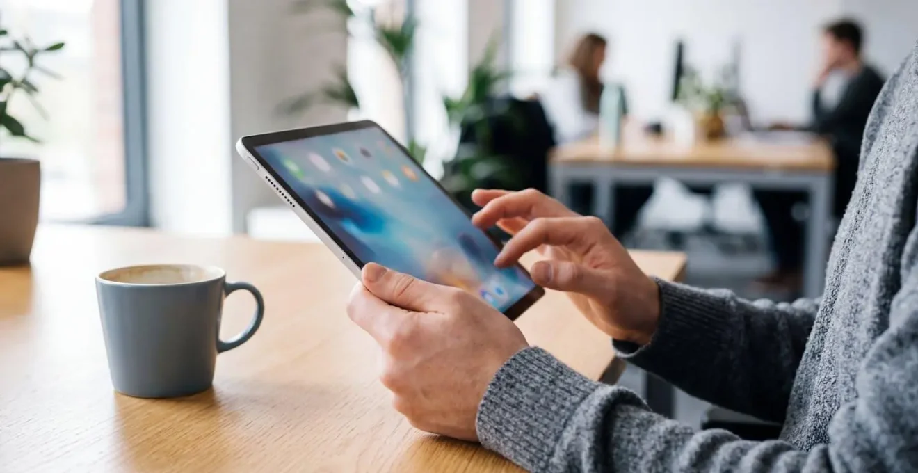 Mains d'une personne naviguant sur une tablette posée sur un bureau moderne, tasse de café à côté, lumière naturelle de fenêtre