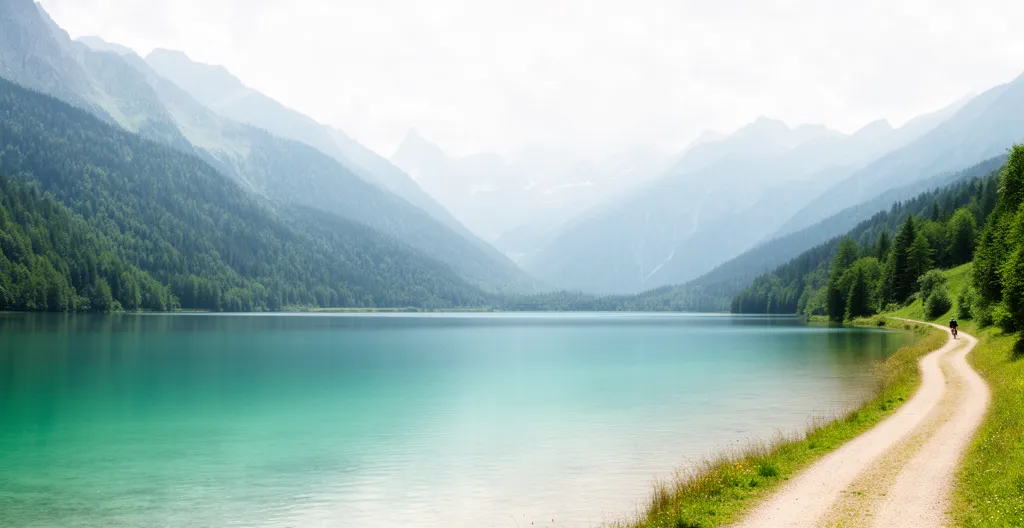 Vue panoramique sur le lac d'Annecy et les montagnes depuis un point de vue accessible à vélo