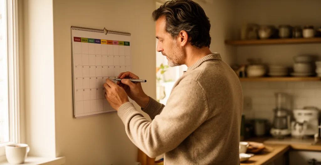 Personne vérifiant un calendrier mural pour organiser ses démarches vacances