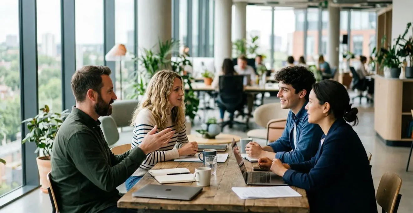 Petite équipe en discussion informelle dans un bureau moderne lumineux, vue de trois-quarts, ambiance collaborative