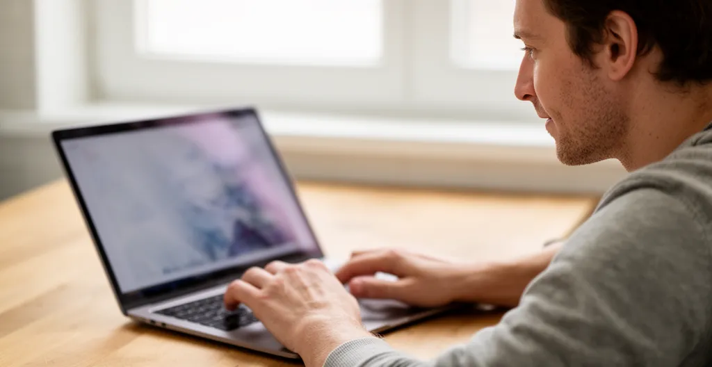 Salarié consultant les offres CSE sur ordinateur portable dans sa cuisine